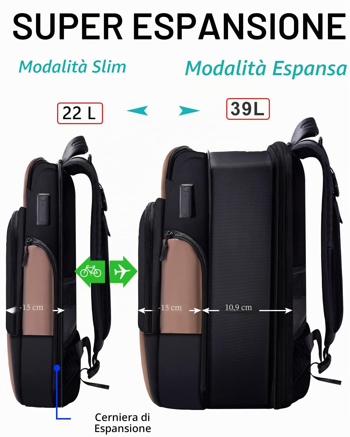 ZINZ Backpacks 15,6" zaino laptop Nero espandibile