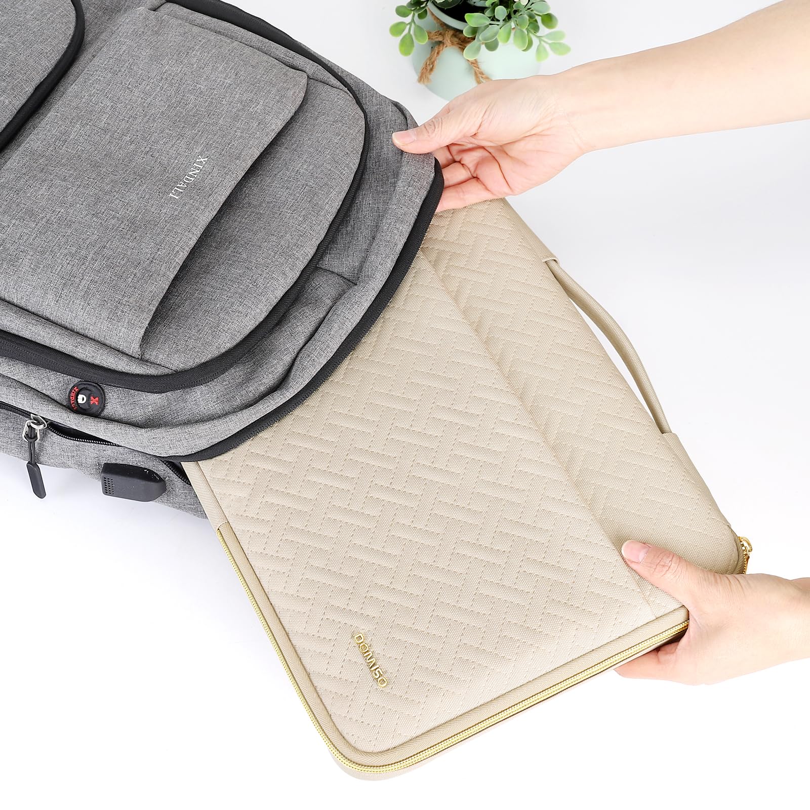 Domiso Laptop Sleeve custodia laptop 17,3 Pollici beige con cerniera oro