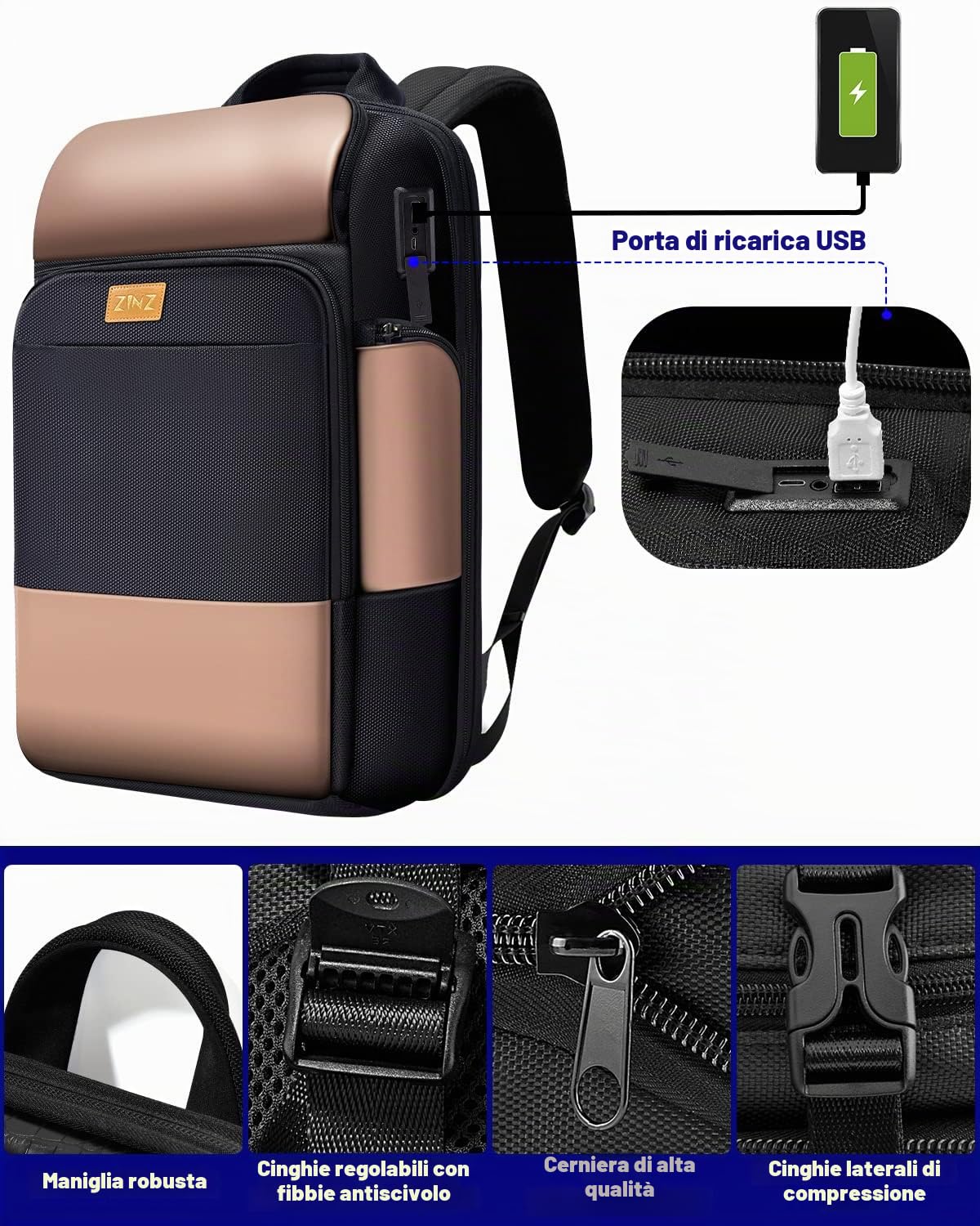 ZINZ Backpacks 15,6" zaino laptop Nero espandibile