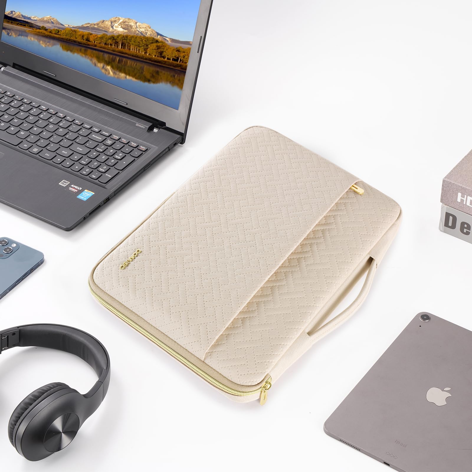 Domiso Laptop Sleeve custodia laptop 17,3 Pollici beige con cerniera oro