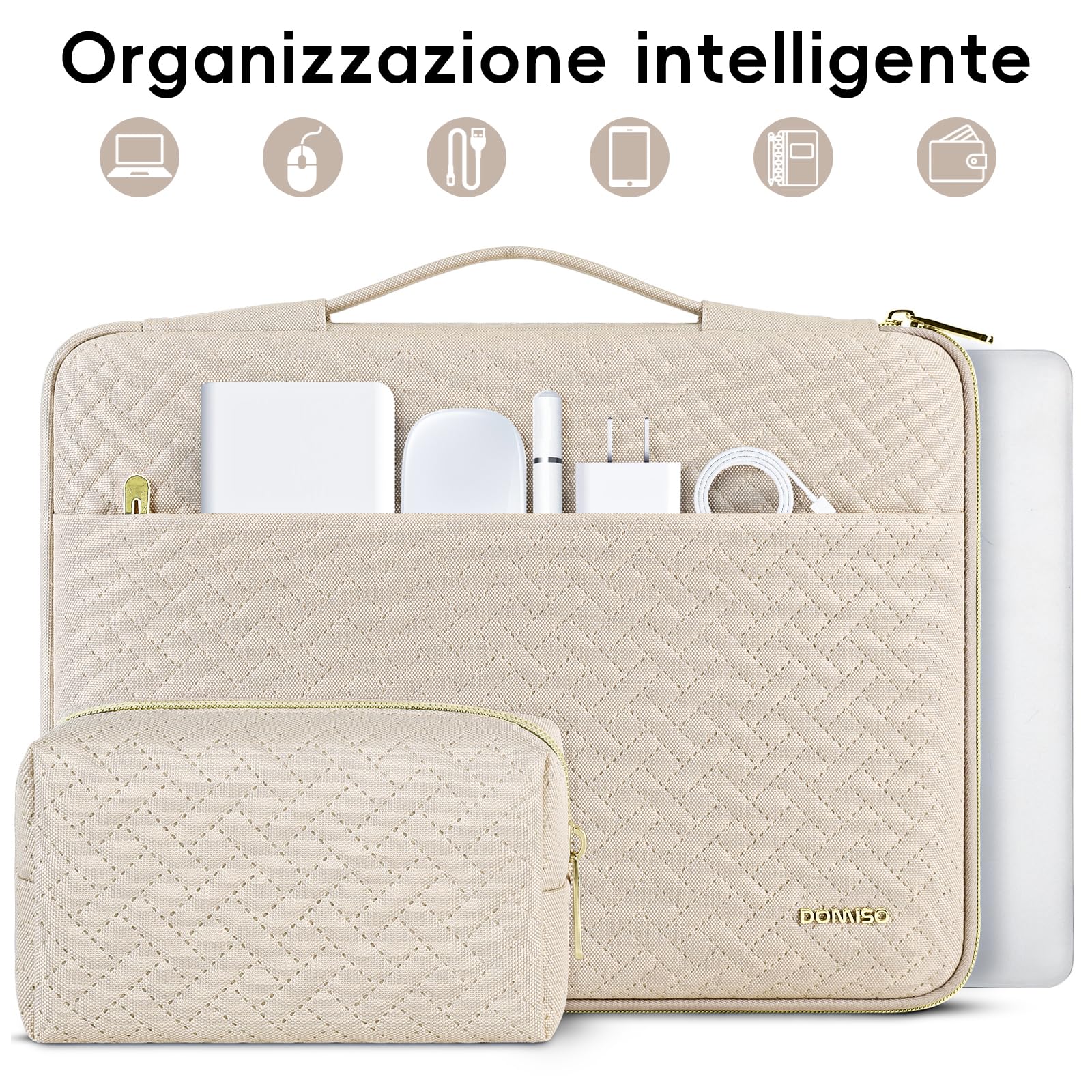 Domiso Laptop Sleeve custodia laptop 17,3 Pollici beige con cerniera oro