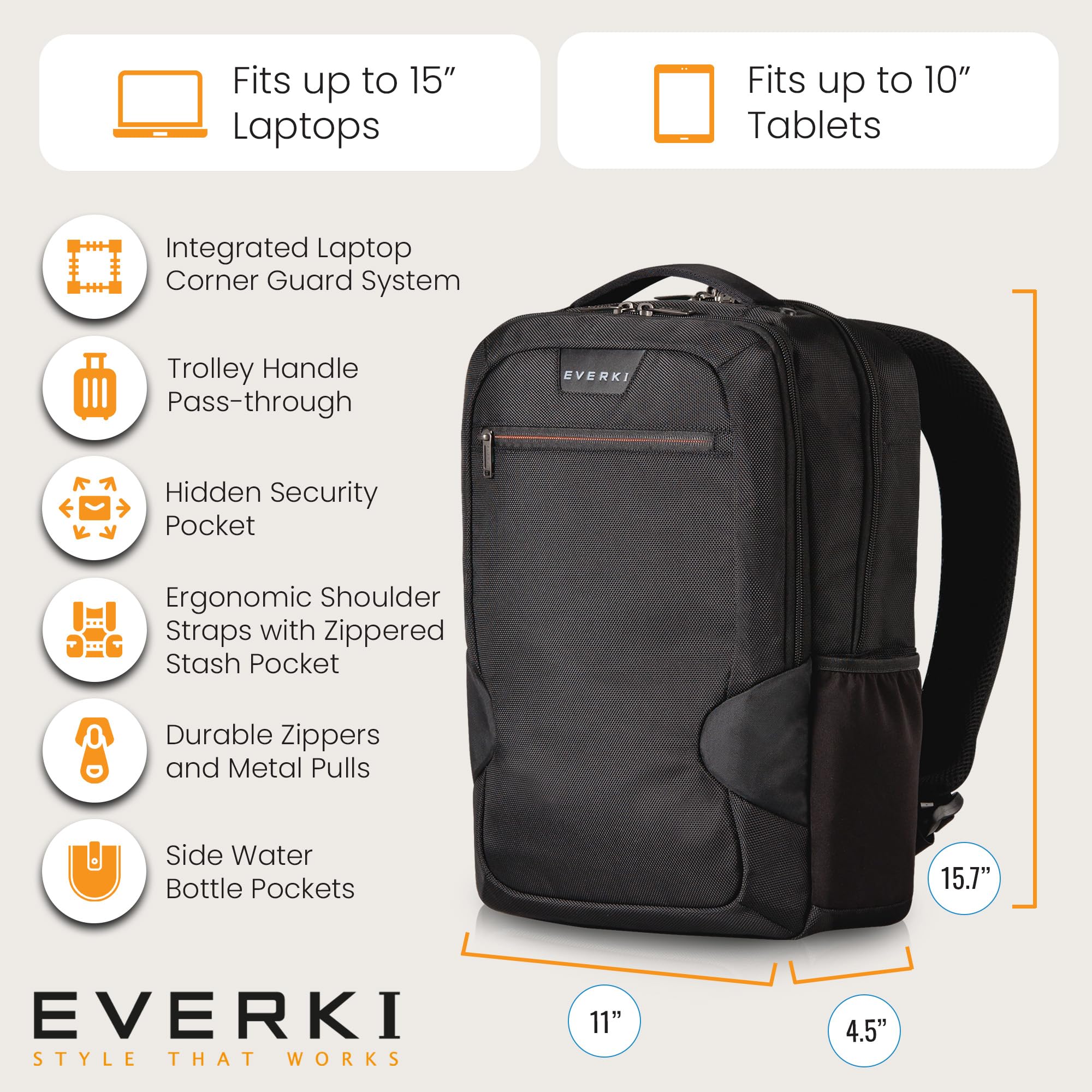 EVERKI Zaini per Portatile Studio Slim zaino 14 L laptop 15" idrorepellente