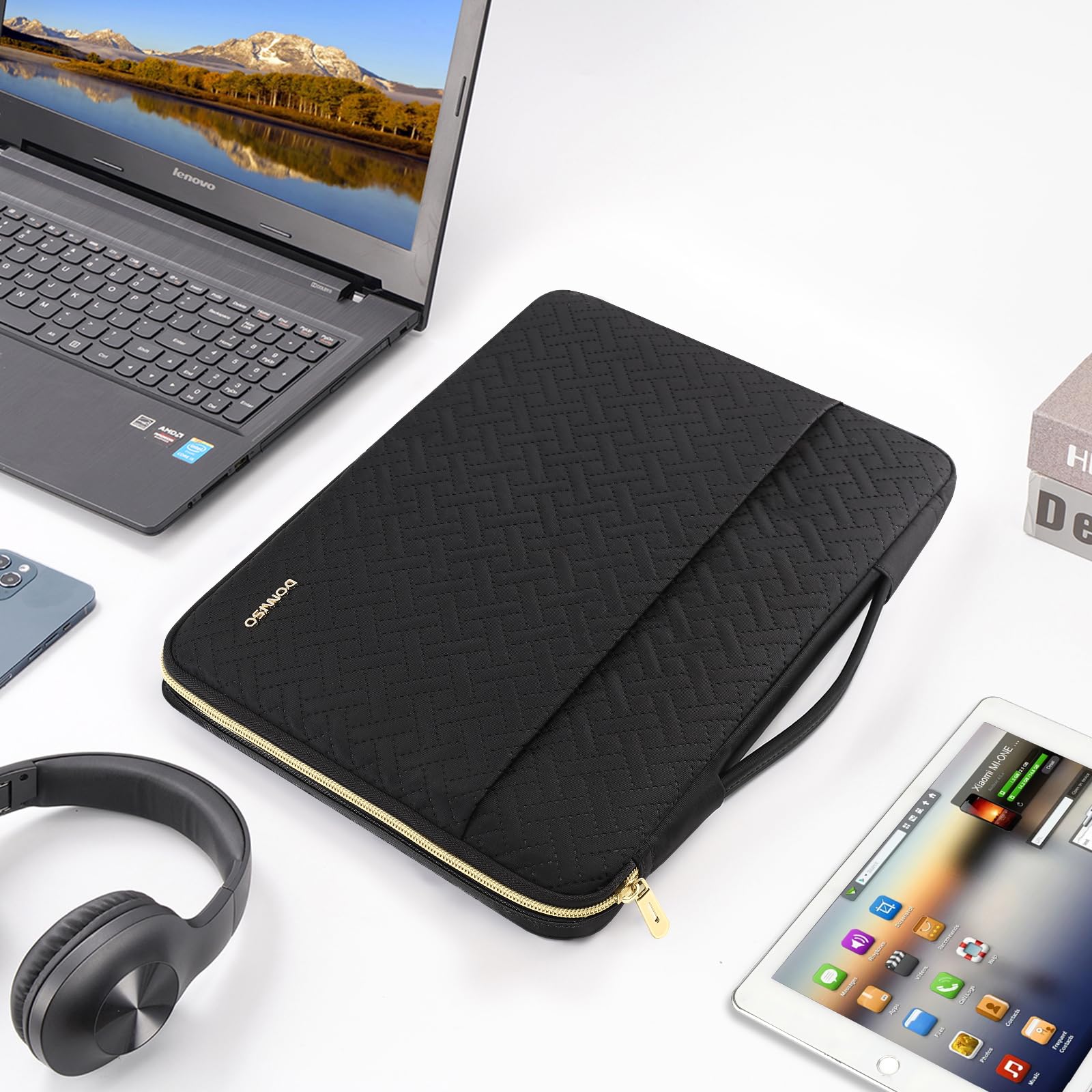 Domiso Laptop Sleeve 17,3 pollici custodia nera cerniera oro