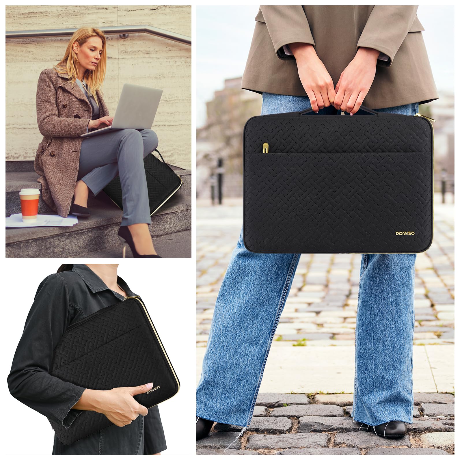 Domiso Laptop Sleeve 17,3 pollici custodia nera cerniera oro