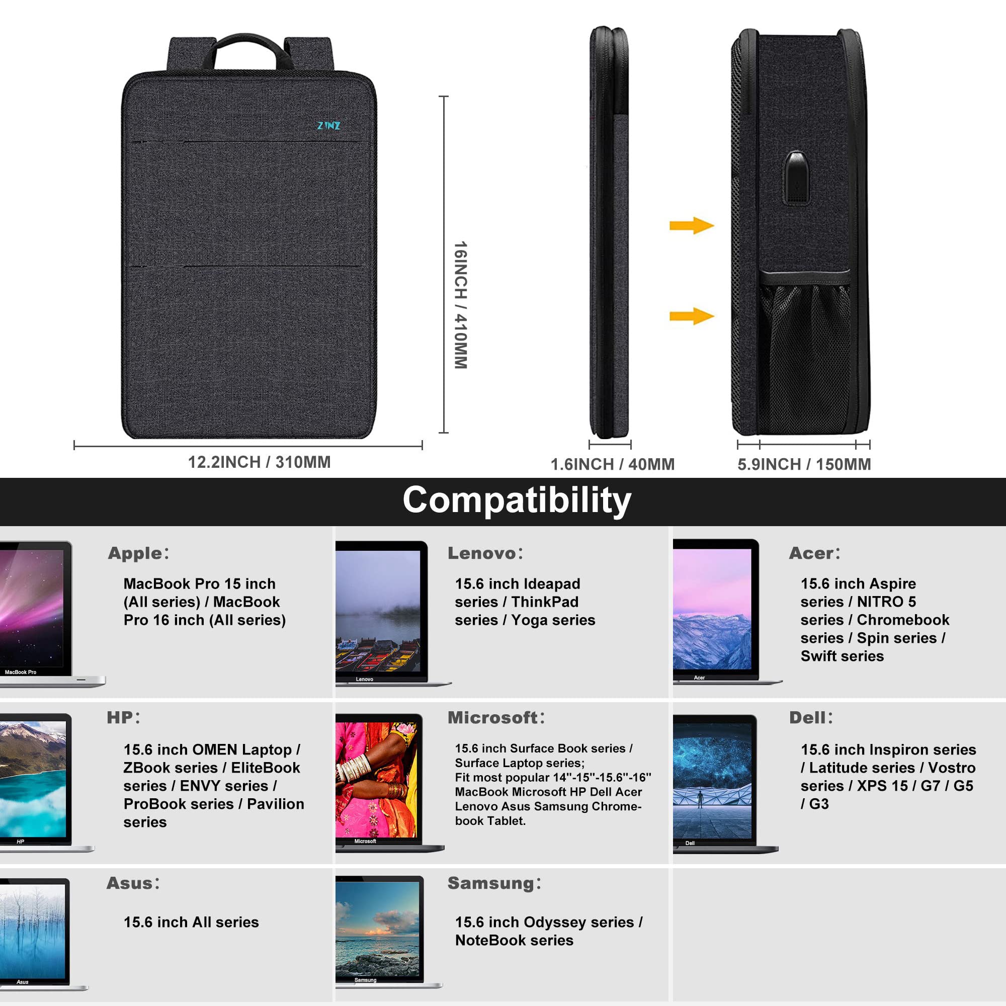 ZINZ Backpacks B05K01 zaino laptop 15–16 pollici espandibile