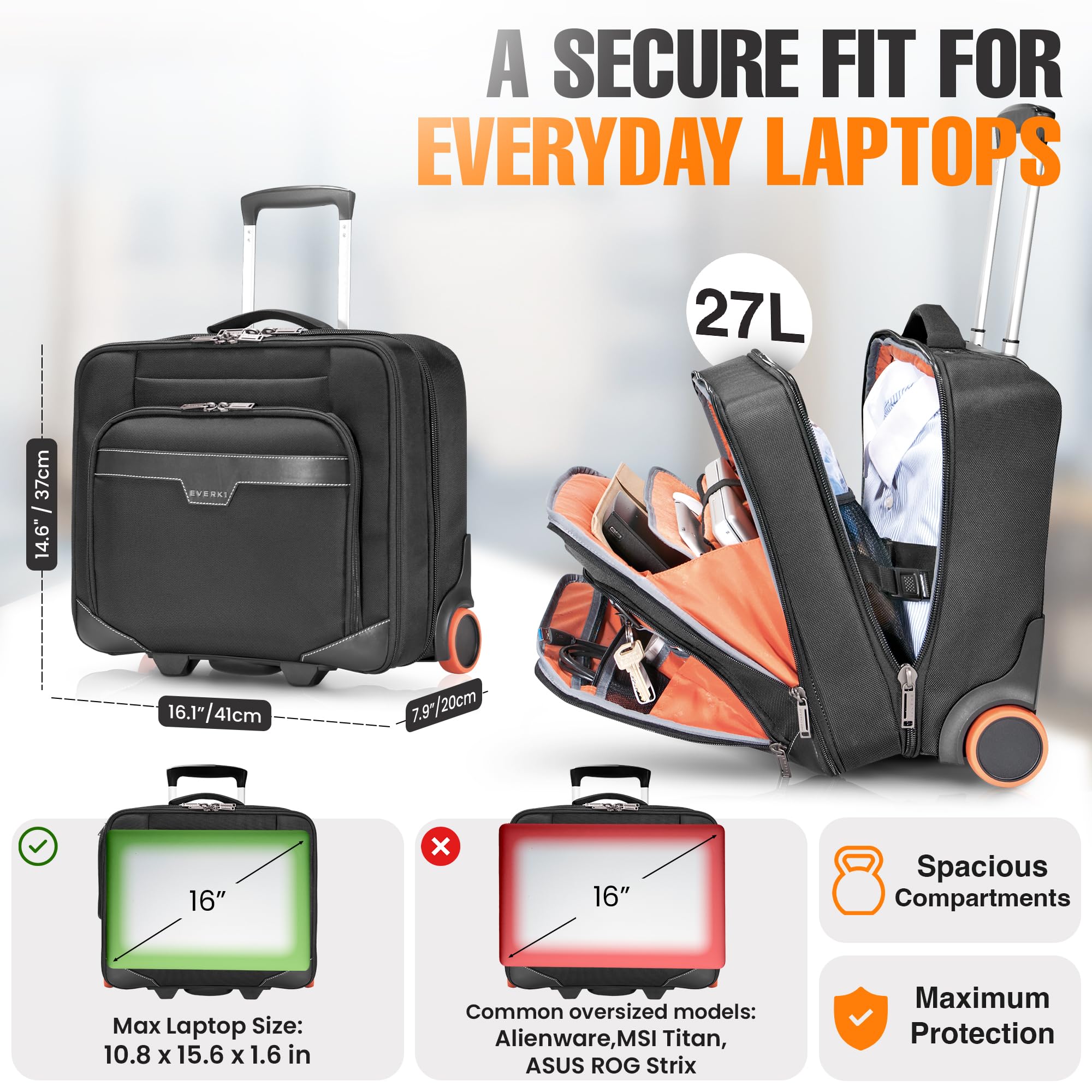 EVERKI Borse per Portatile con Ruote Journey EKB440 trolley laptop Nero 16" 27 L