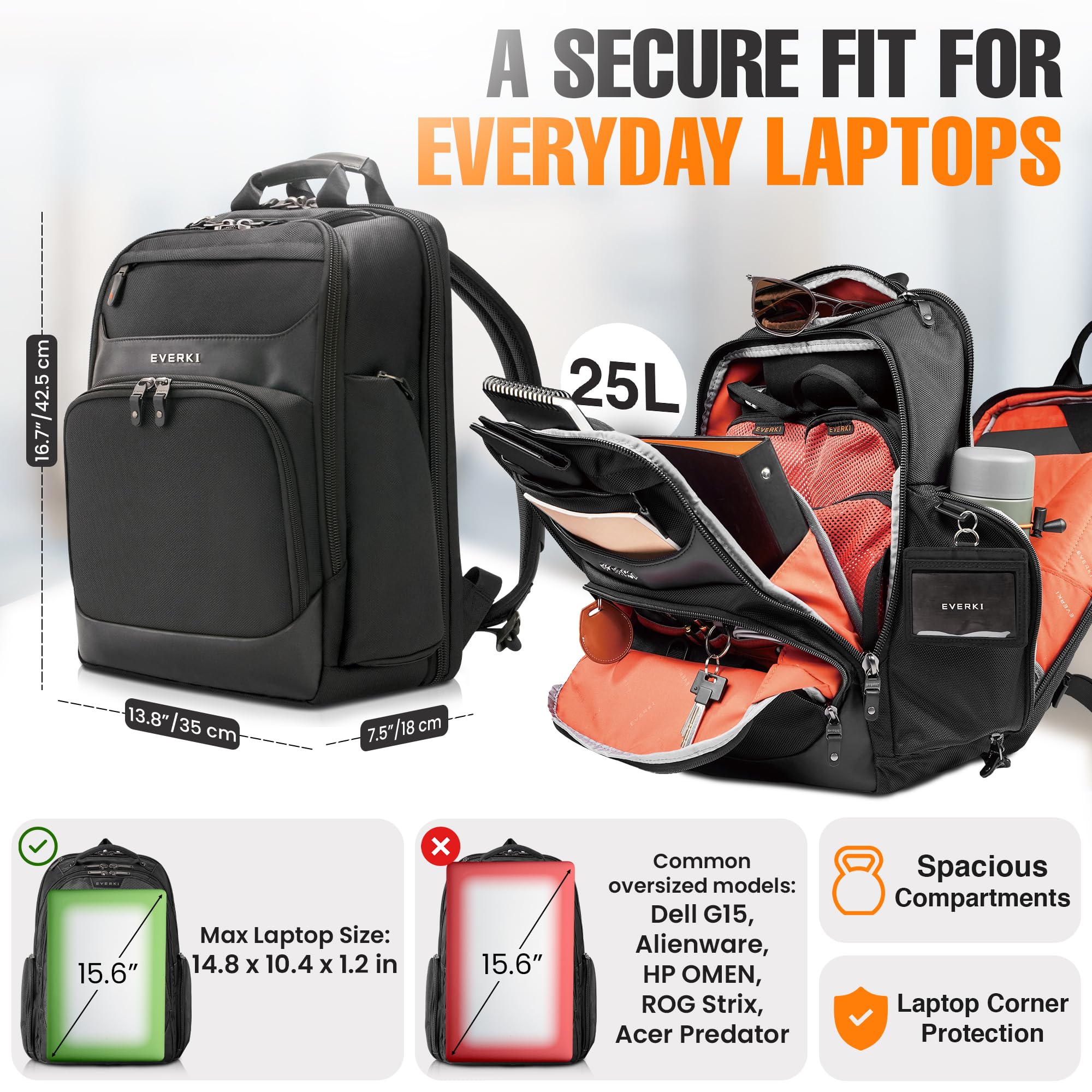 EVERKI Zaini per Portatile Onyx EKP132 zaino laptop 25 litri nero