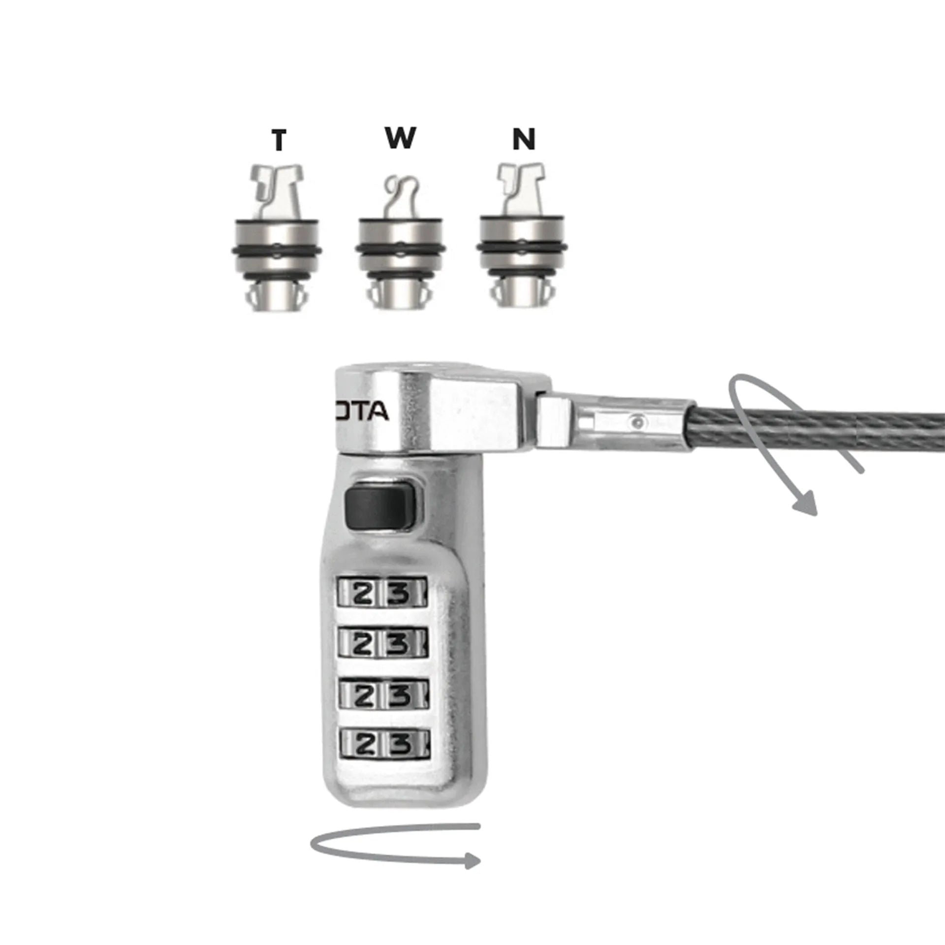 BASE XXO Security Locks Universal Security Cable Lock 3 Exchangeable heads fits all slots, preset code cavo antifurto