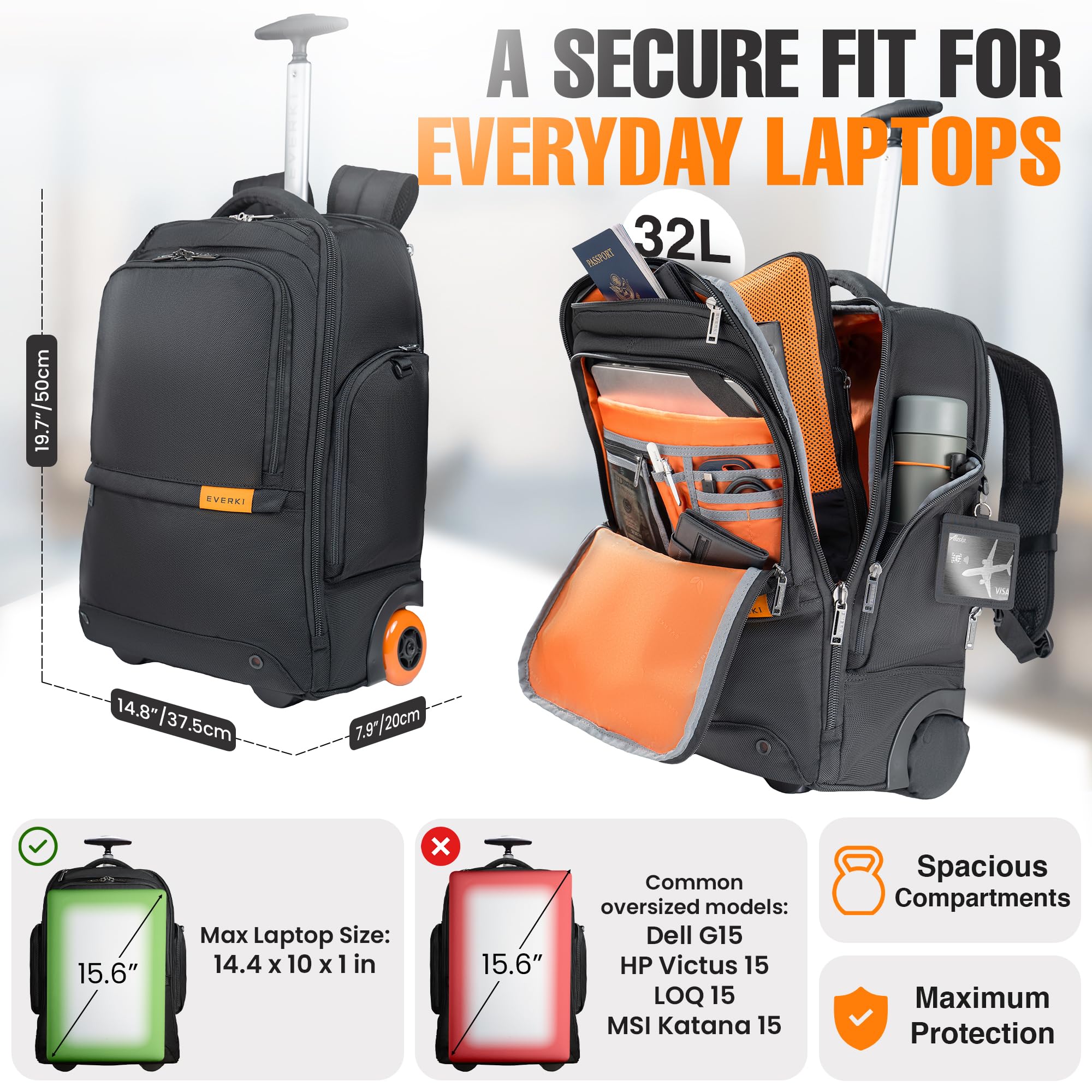 EVERKI Atlas Wheeled 123 zaino trolley 15,6"/MacBook 16" ruote sostituibili