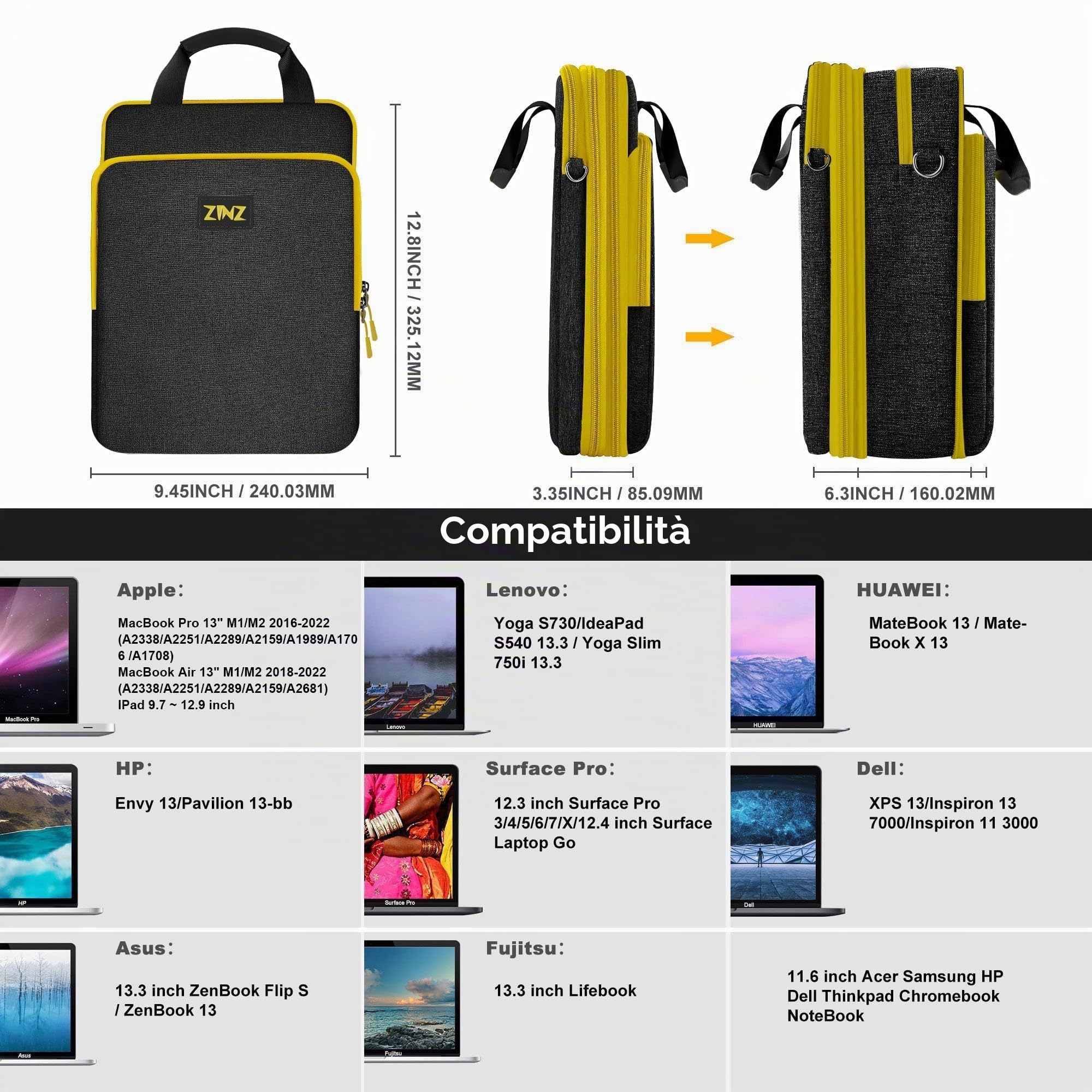 ZINZ Shoulder Bags borsa laptop 13″ B01K04 5,3-10,2 L espandibile