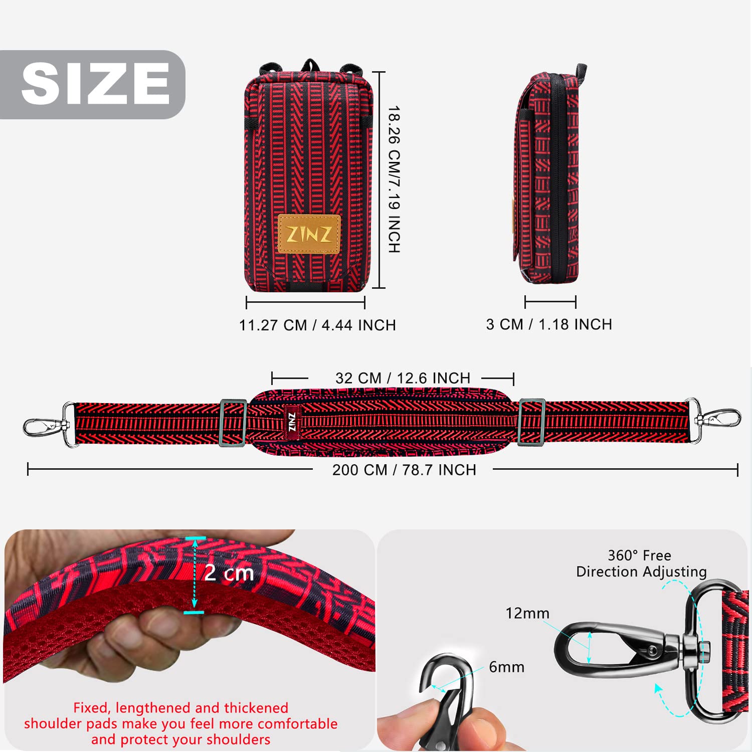 ZINZ Shoulder Pads Tracolla telefono 200 cm nera e rossa imbottita