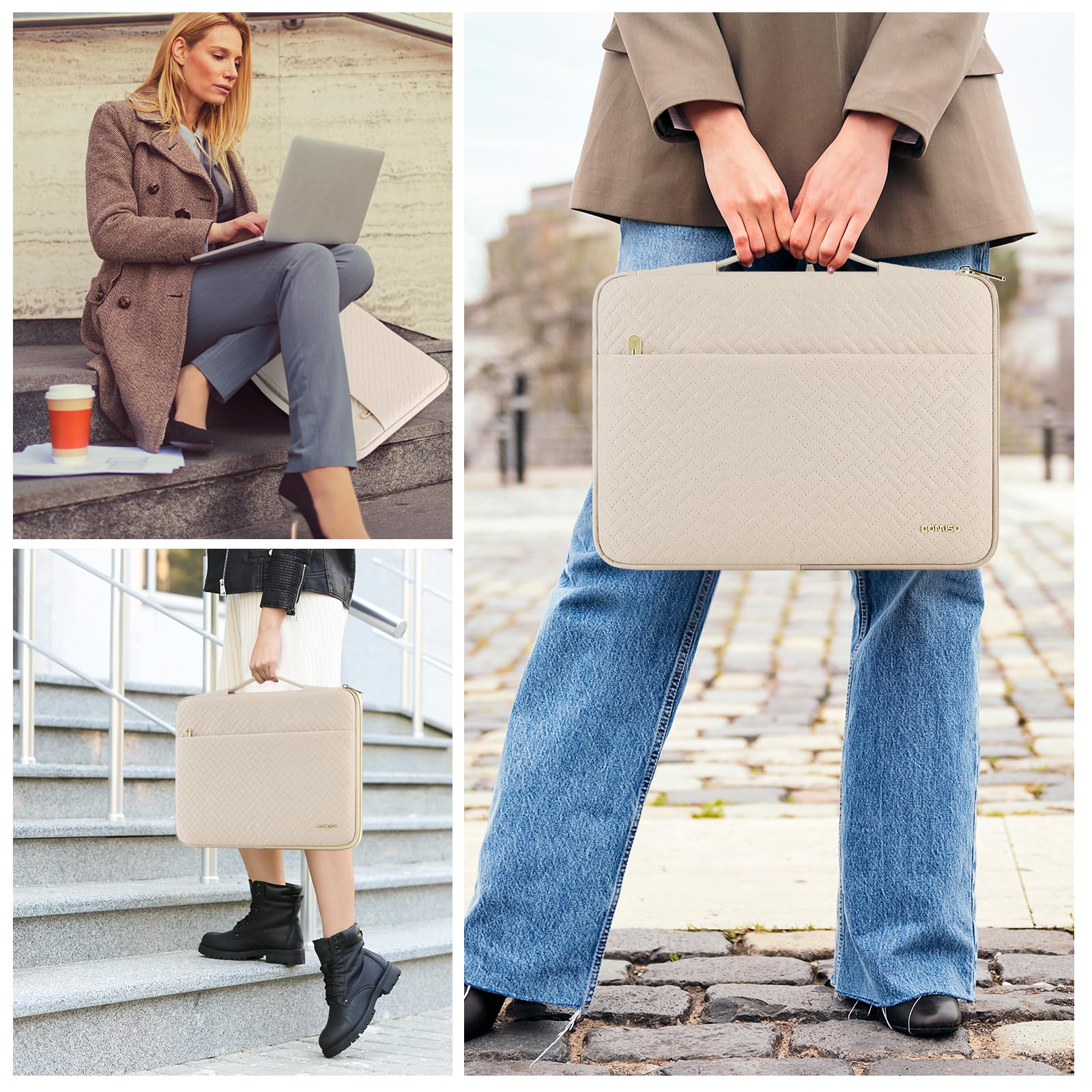 Domiso Laptop Sleeve custodia laptop 17,3 Pollici beige con cerniera oro