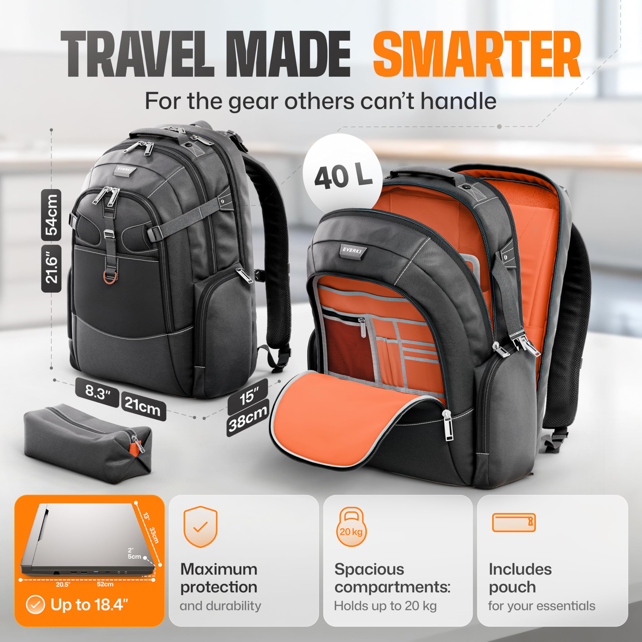 EVERKI Zaini per Portatile Business 120 zaino laptop 40 L fino a 18,4″ antipioggia