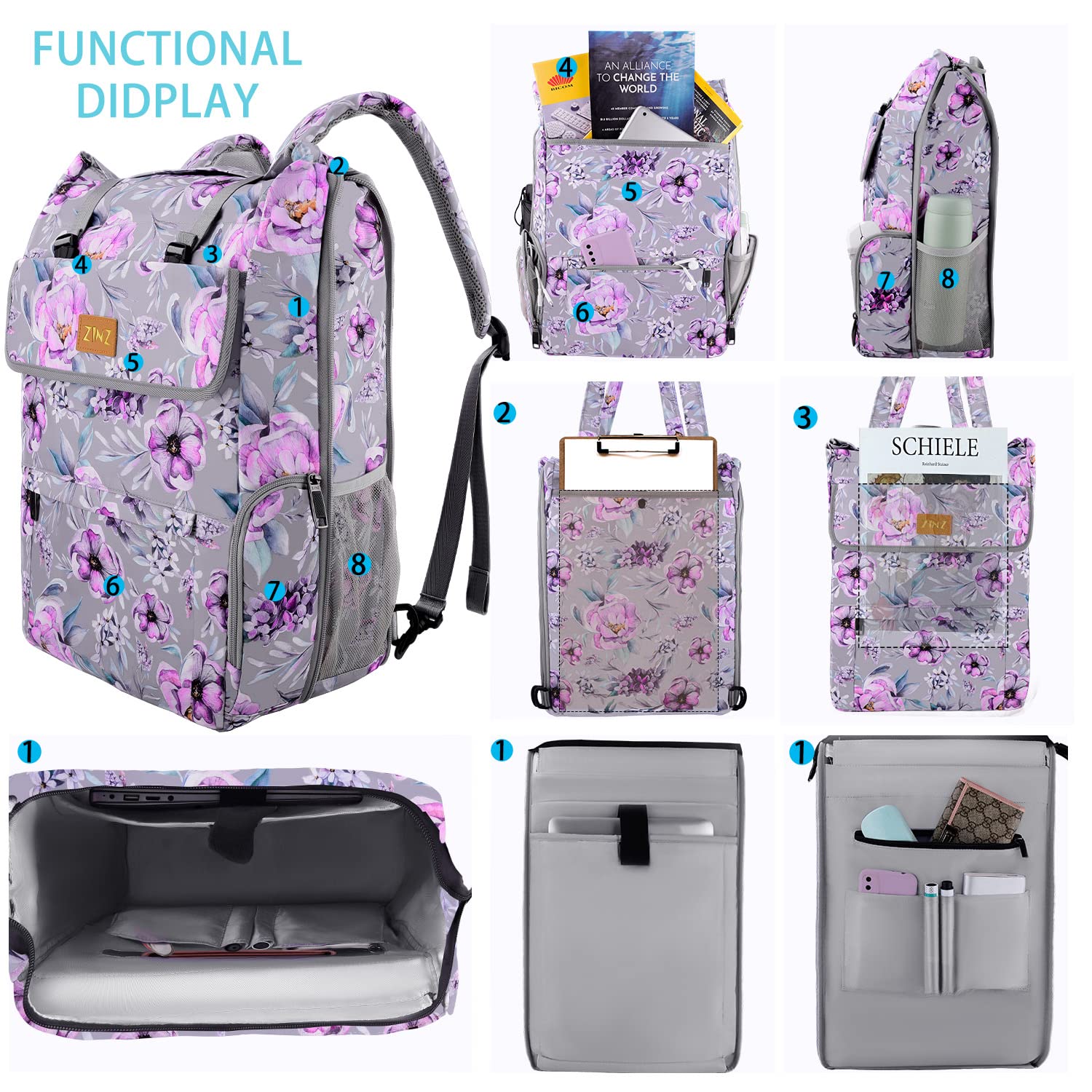 ZINZ Backpacks zaino laptop espandibile viola per PC da 15,6 pollici