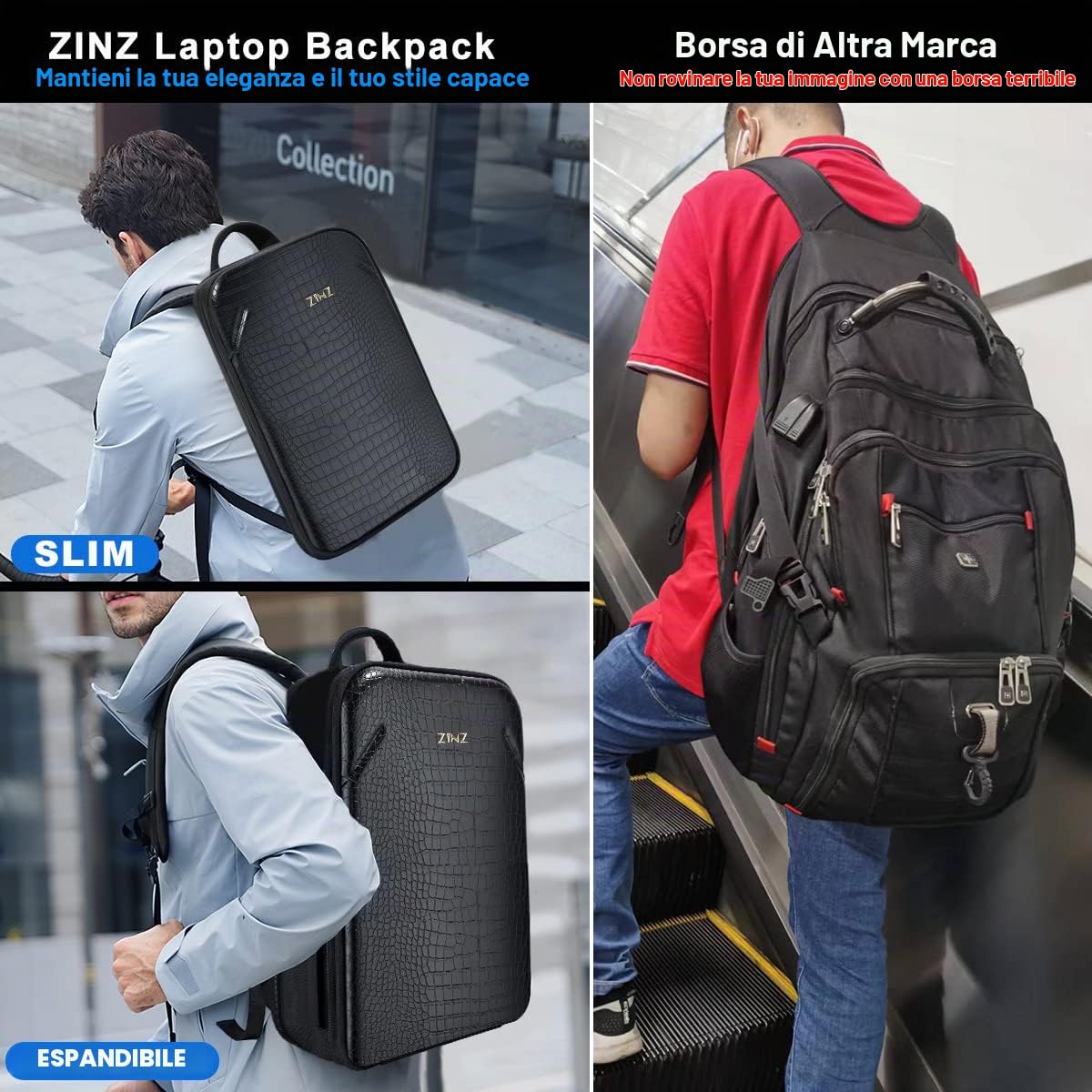 ZINZ Backpacks Zaino Sottile per Laptop da 15,6" con Capacità Variabile medio nero
